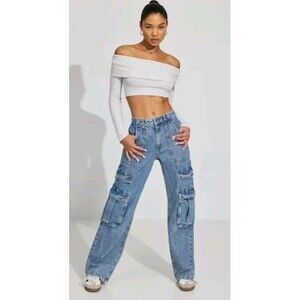 Garage Denim Cargo Jeans Womens 03 26 Low Rise Wide Leg Baggy Multi Pocket Blue